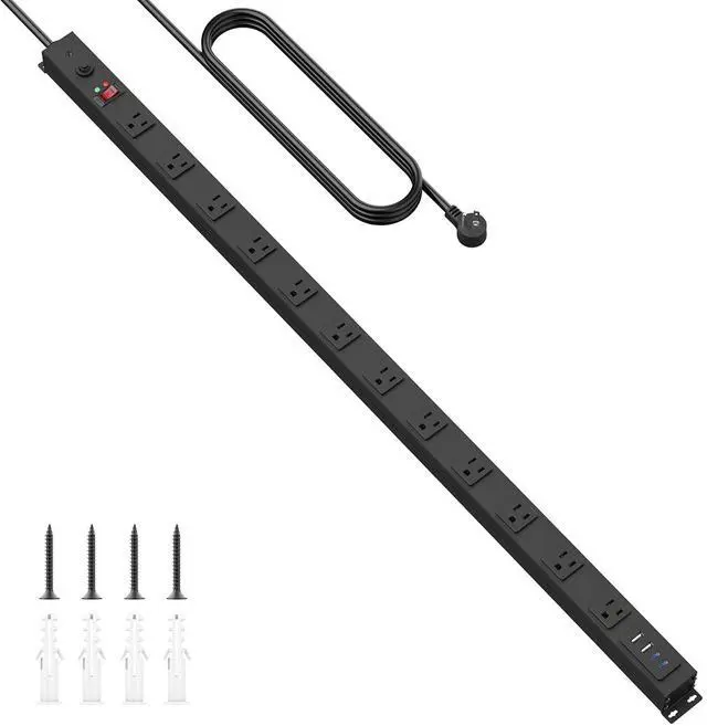 Main image of Extra Long Desk Power Strip with USB C Ports, Black, 4FT | Extension Cord Multiple Outlets, Wide Spaced, Heavy Duty, Wall Flat Plug Extender, Garage Surge Protector, ETL Listed