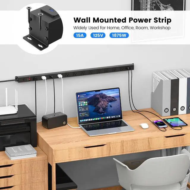 Alt view image 4 of 7 - Extra Long Desk Power Strip with USB C Ports, Black, 4FT | Extension Cord Multiple Outlets, Wide Spaced, Heavy Duty, Wall Flat Plug Extender, Garage Surge Protector, ETL Listed