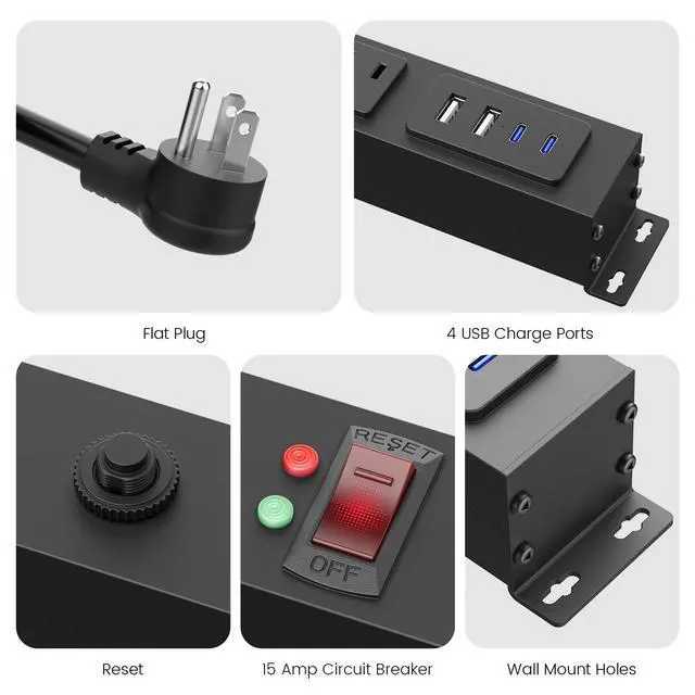 Alt view image 6 of 7 - Extra Long Desk Power Strip with USB C Ports, Black, 4FT | Extension Cord Multiple Outlets, Wide Spaced, Heavy Duty, Wall Flat Plug Extender, Garage Surge Protector, ETL Listed