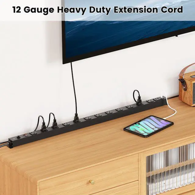 Alt view image 7 of 7 - Extra Long Desk Power Strip with USB C Ports, Black, 4FT | Extension Cord Multiple Outlets, Wide Spaced, Heavy Duty, Wall Flat Plug Extender, Garage Surge Protector, ETL Listed