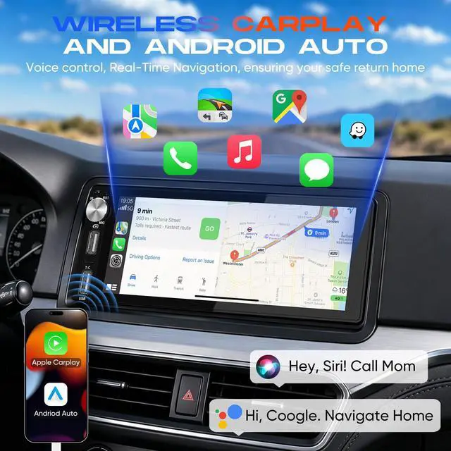 Alt view image 2 of 7 - 6.9" Single Din Radio with Wireless Apple CarPlay & Android Auto | HD Touchscreen Car Stereo,Bluetooth 5.2,Fast Charging,1080P Backup Camera,FM,Voice Control,GPS,Mirror Link, Custom EQ & SWC