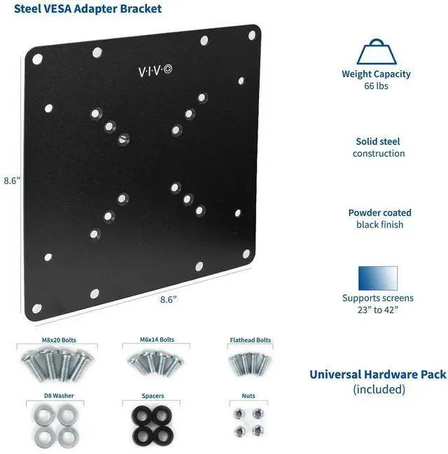 Alt view image 2 of 7 - Steel VESA TV and Monitor Mount Adapter Plate Bracket for Screens 23" to 42" | Conversion Kit for VESA up to 200x200mm (MOUNT-AD2X2)