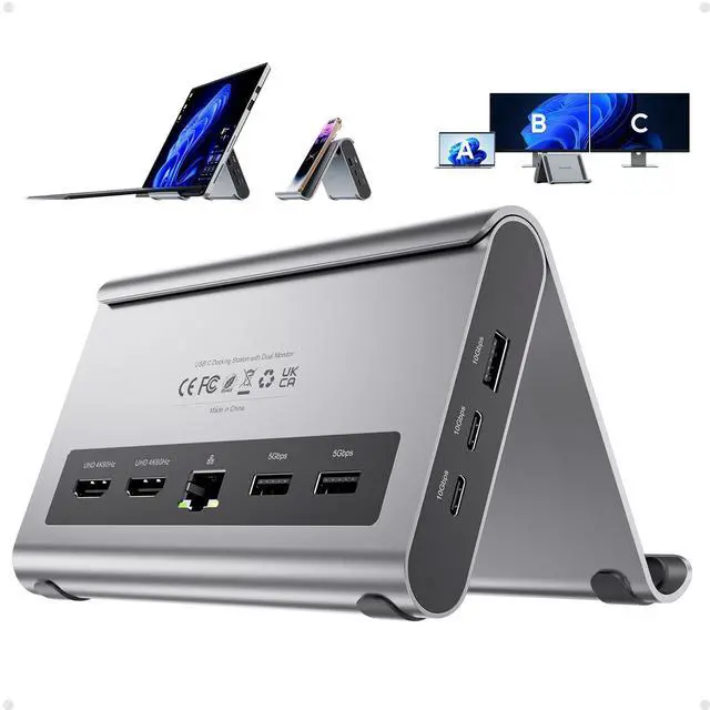 Main image of USB C Docking Station Dual Monitor, Laptop Dock for Windows with HDMI 4K | Laptop Docking Staion Stand, 3xUSB-C/A 10Gbps,2xUSB-A 5Gbps,RJ45,PD for Surface Pro11/10/9/8/Dell/HP/Lenovo/Asus/Acer