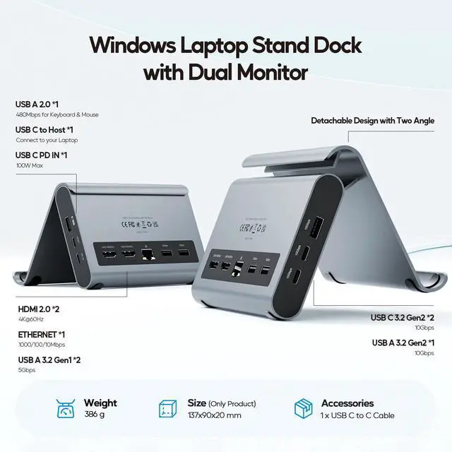 Alt view image 3 of 7 - USB C Docking Station Dual Monitor, Laptop Dock for Windows with HDMI 4K | Laptop Docking Staion Stand, 3xUSB-C/A 10Gbps,2xUSB-A 5Gbps,RJ45,PD for Surface Pro11/10/9/8/Dell/HP/Lenovo/Asus/Acer