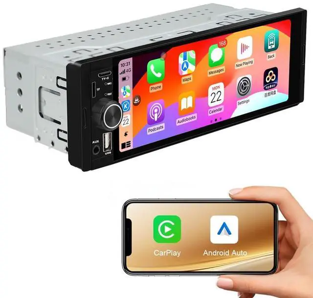 Main image of Single Din Car Stereo Radio Upgrade with CarPlay & Android Auto/6.36 Inch HD Touch Screen/Bluetooth/USB Type-C/SWC/EQ/FM Radio/External Mic