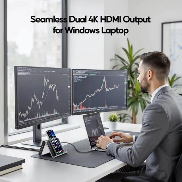 Alt view image 5 of 7 - USB C Docking Station Dual Monitor, Laptop Dock for Windows with HDMI 4K | Laptop Docking Staion Stand, 3xUSB-C/A 10Gbps,2xUSB-A 5Gbps,RJ45,PD for Surface Pro11/10/9/8/Dell/HP/Lenovo/Asus/Acer