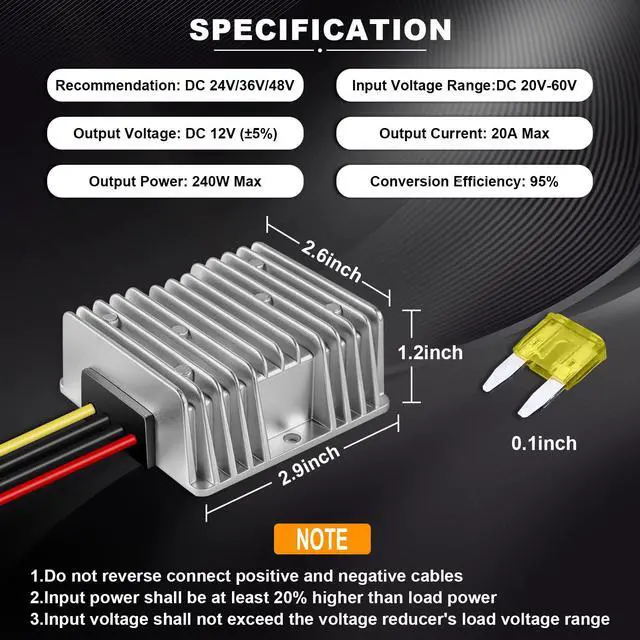 Alt view image 2 of 7 - 36V 48V to 12V Step Down Converter for Golf Cart, 20A 240W DC-DC Converter with Fuse & Terminal Block, Premium Voltage Reducer for RV Accessories, Solar Systems, LED Lights
