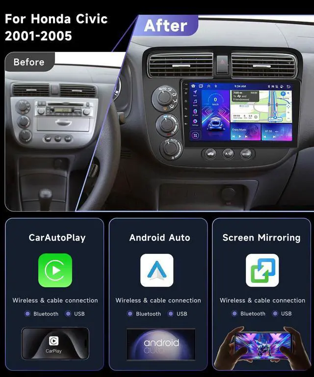 Alt view image 2 of 7 - 8Core Car Radio for Honda Civic 2001-2005 with Backup Camera | Stereo with 9inch 1280x720P Android Auto MirrorLink Bluetooth 5.0 GPS FM/RDS DSP EQ 4G+64G WiFi