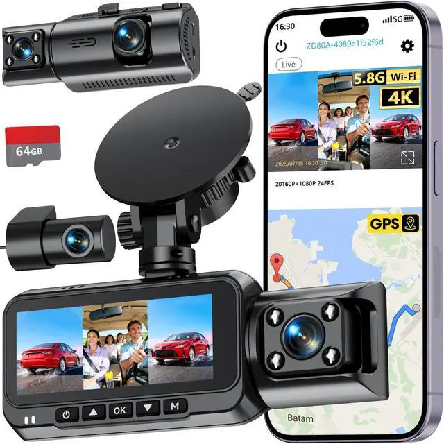 Main image of 3 Channel Dash Cam, Dash Cam Front Rear Inside, Car Camera for Rideshare | 4K Clear Video, 5.8GHz WiFi, IR Night Vision, G-Sensor, GPS Tracking, Free 64GB Card, 24H Parking Mode for Accident Evidence