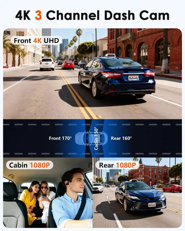Alt view image 2 of 7 - 3 Channel Dash Cam, Dash Cam Front Rear Inside, Car Camera for Rideshare | 4K Clear Video, 5.8GHz WiFi, IR Night Vision, G-Sensor, GPS Tracking, Free 64GB Card, 24H Parking Mode for Accident Evidence