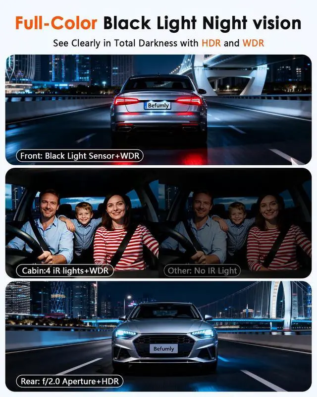 Alt view image 3 of 7 - 3 Channel Dash Cam, Dash Cam Front Rear Inside, Car Camera for Rideshare | 4K Clear Video, 5.8GHz WiFi, IR Night Vision, G-Sensor, GPS Tracking, Free 64GB Card, 24H Parking Mode for Accident Evidence