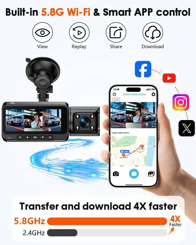 Alt view image 4 of 7 - 3 Channel Dash Cam, Dash Cam Front Rear Inside, Car Camera for Rideshare | 4K Clear Video, 5.8GHz WiFi, IR Night Vision, G-Sensor, GPS Tracking, Free 64GB Card, 24H Parking Mode for Accident Evidence