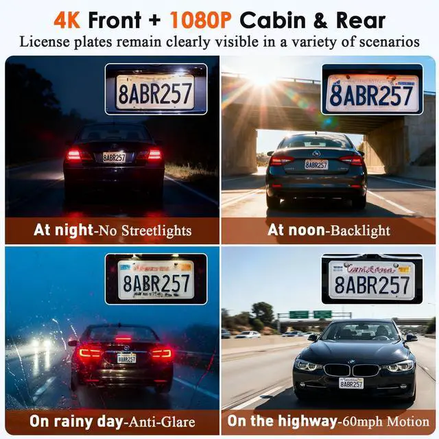 Alt view image 5 of 7 - 3 Channel Dash Cam, Dash Cam Front Rear Inside, Car Camera for Rideshare | 4K Clear Video, 5.8GHz WiFi, IR Night Vision, G-Sensor, GPS Tracking, Free 64GB Card, 24H Parking Mode for Accident Evidence