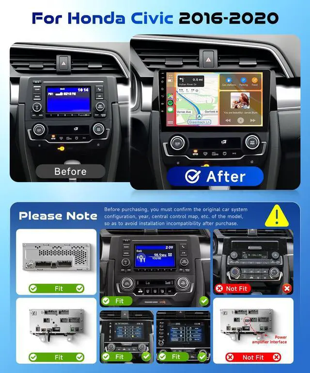 Alt view image 2 of 7 - 8Core 4GB+64GB for Honda Civic 2016-2020 Car Radio Stereo with Wireless Carplay,5.0 Bluetooth,DSP 46EQ,Android Auto,9inch IPS Touch Screen,Android 15,AHD Backup Camera,59UIs,GPS,FM/RDS