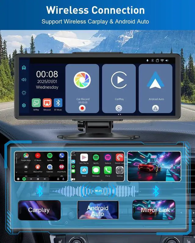 Alt view image 2 of 7 - Fahren Portable 9" Apple Carplay Screen for Car with 2K Dash Cam & 1080P Backup Camera for All Vehicles, Android Wireless Carplay Screen for Car with Mirror Link/Bluetooth/AUX