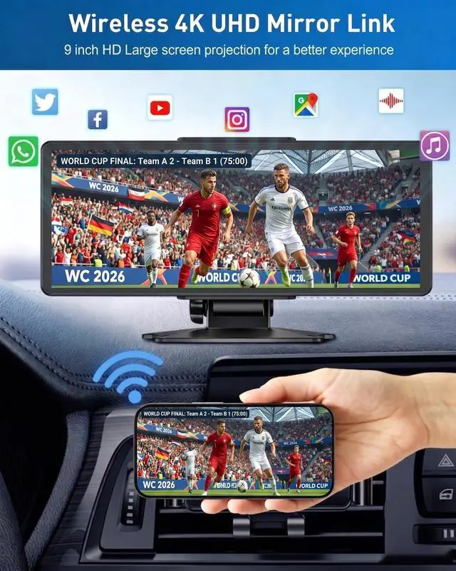 Alt view image 3 of 7 - Fahren Portable 9" Apple Carplay Screen for Car with 2K Dash Cam & 1080P Backup Camera for All Vehicles, Android Wireless Carplay Screen for Car with Mirror Link/Bluetooth/AUX