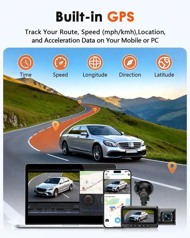 Alt view image 7 of 7 - 3 Channel Dash Cam, Dash Cam Front Rear Inside, Car Camera for Rideshare | 4K Clear Video, 5.8GHz WiFi, IR Night Vision, G-Sensor, GPS Tracking, Free 64GB Card, 24H Parking Mode for Accident Evidence