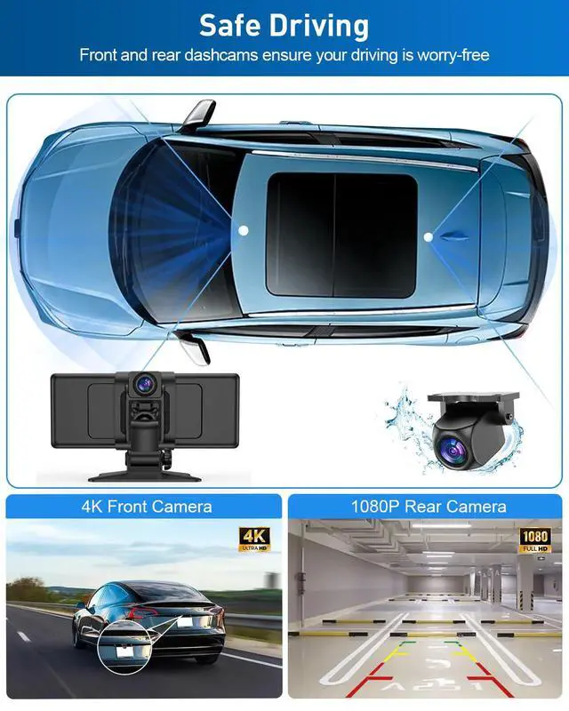 Alt view image 5 of 7 - Fahren Portable 9" Apple Carplay Screen for Car with 2K Dash Cam & 1080P Backup Camera for All Vehicles, Android Wireless Carplay Screen for Car with Mirror Link/Bluetooth/AUX