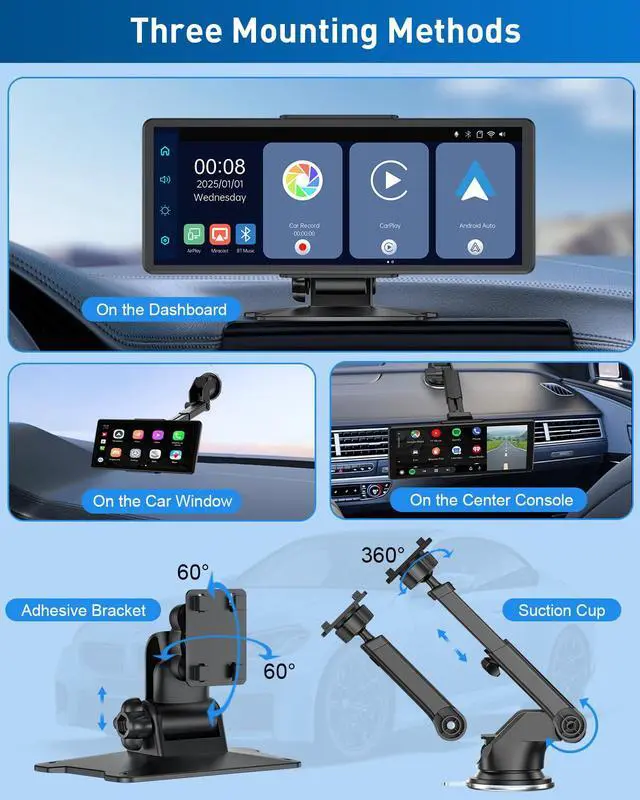 Alt view image 6 of 7 - Fahren Portable 9" Apple Carplay Screen for Car with 2K Dash Cam & 1080P Backup Camera for All Vehicles, Android Wireless Carplay Screen for Car with Mirror Link/Bluetooth/AUX