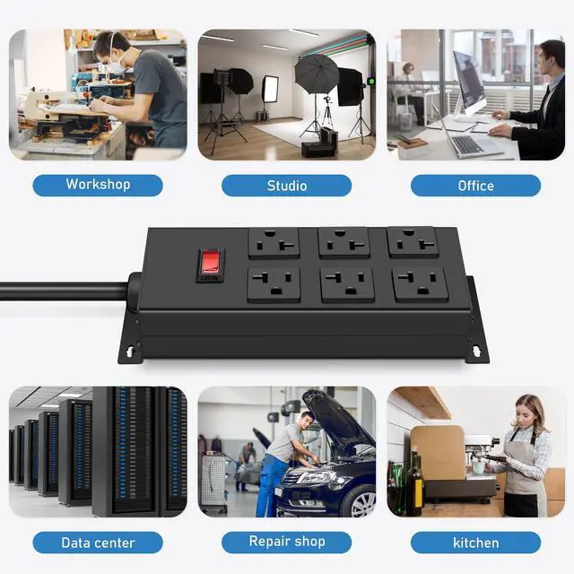 Alt view image 7 of 7 - Heavy Duty 20 Amp Power Strip, Garage 6 Outlets Metal 12 Gauge Surge Protector 3000J, High Amp 5-15P Adapter Shop 6-20R T-Slot Industrial (6AC, 6FT)