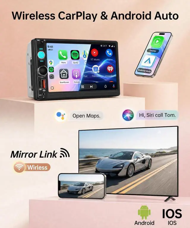 Alt view image 2 of 6 - 7 Inch Double Din Car Stereo, Wireless CarPlay Android Auto, 2 Din Touch Screen Radio, Bluetooth Stereo, AHD Backup Camera, Mirror Link, FM EQ SWC, Type-C USB Fast Charging, Online Video Playback
