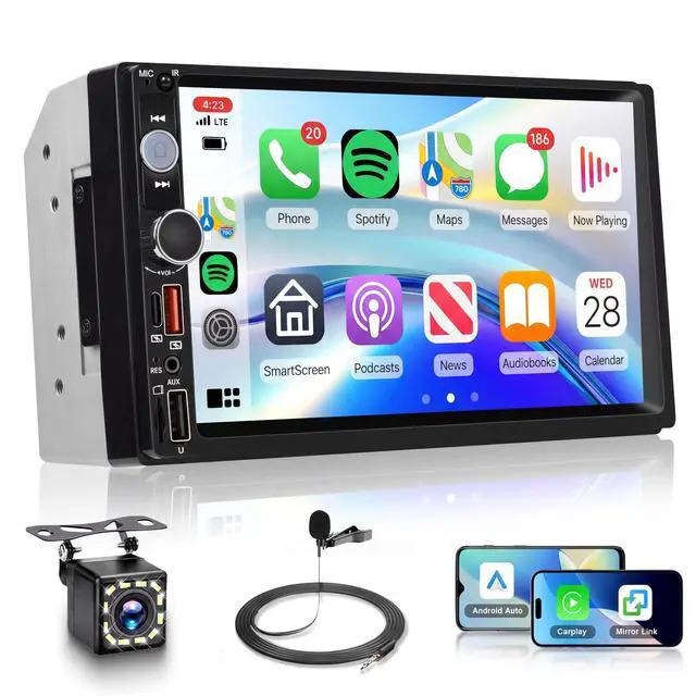 Main image of 7 Inch Double Din Car Stereo, Wireless CarPlay Android Auto, 2 Din Touch Screen Radio, Bluetooth Stereo, AHD Backup Camera, Mirror Link, FM EQ SWC, Type-C USB Fast Charging, Online Video Playback