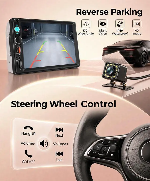 Alt view image 5 of 6 - 7 Inch Double Din Car Stereo, Wireless CarPlay Android Auto, 2 Din Touch Screen Radio, Bluetooth Stereo, AHD Backup Camera, Mirror Link, FM EQ SWC, Type-C USB Fast Charging, Online Video Playback
