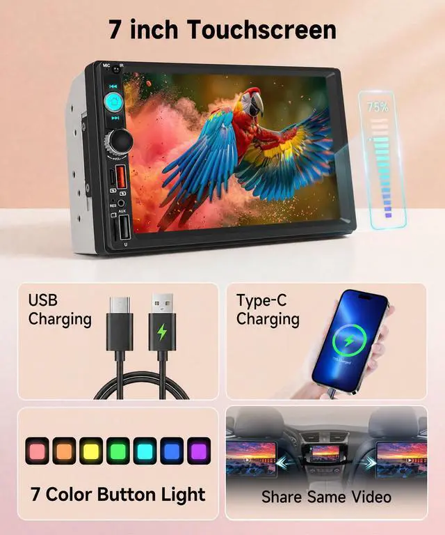 Alt view image 3 of 6 - 7 Inch Double Din Car Stereo, Wireless CarPlay Android Auto, 2 Din Touch Screen Radio, Bluetooth Stereo, AHD Backup Camera, Mirror Link, FM EQ SWC, Type-C USB Fast Charging, Online Video Playback