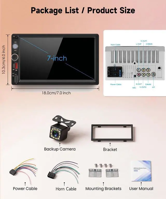 Alt view image 6 of 6 - 7 Inch Double Din Car Stereo, Wireless CarPlay Android Auto, 2 Din Touch Screen Radio, Bluetooth Stereo, AHD Backup Camera, Mirror Link, FM EQ SWC, Type-C USB Fast Charging, Online Video Playback