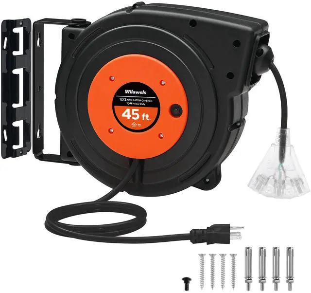 Main image of Retractable Extension Cord Reel, 45 FT Heavy Duty Power Cord, 12AWG/3C SJTOW, 3 Grounded Outlets Lighted Triple Tap, 15 Amp Circuit Breaker, UL Listed, Orange B45CR06
