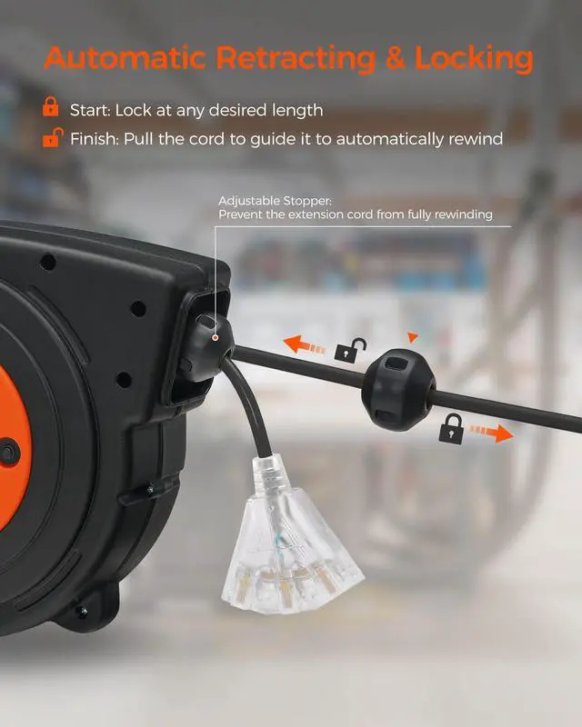 Alt view image 3 of 7 - Retractable Extension Cord Reel, 45 FT Heavy Duty Power Cord, 12AWG/3C SJTOW, 3 Grounded Outlets Lighted Triple Tap, 15 Amp Circuit Breaker, UL Listed, Orange B45CR06