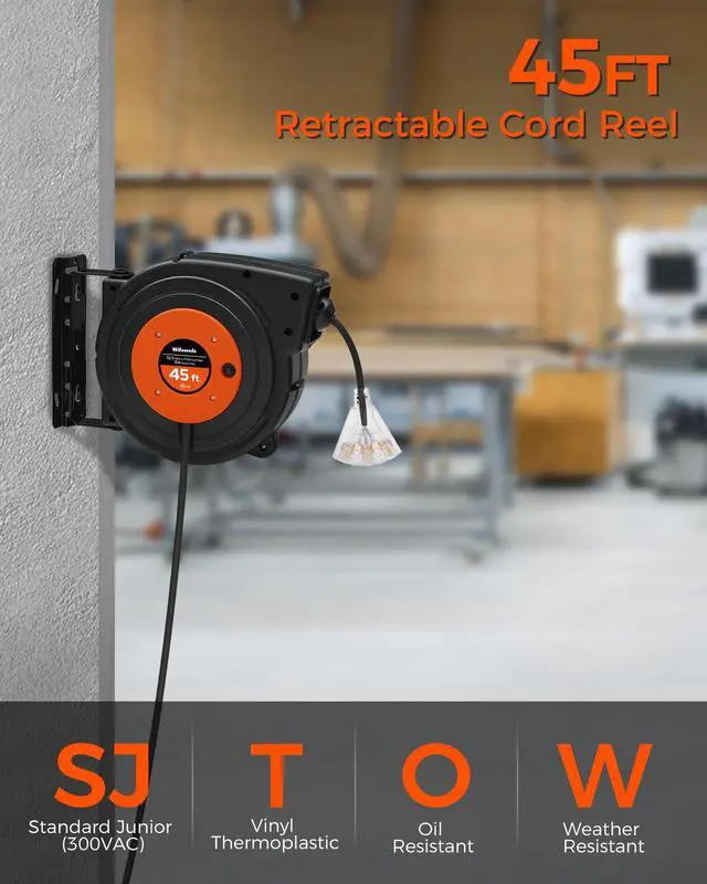 Alt view image 2 of 7 - Retractable Extension Cord Reel, 45 FT Heavy Duty Power Cord, 12AWG/3C SJTOW, 3 Grounded Outlets Lighted Triple Tap, 15 Amp Circuit Breaker, UL Listed, Orange B45CR06
