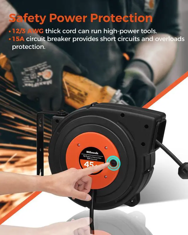 Alt view image 5 of 7 - Retractable Extension Cord Reel, 45 FT Heavy Duty Power Cord, 12AWG/3C SJTOW, 3 Grounded Outlets Lighted Triple Tap, 15 Amp Circuit Breaker, UL Listed, Orange B45CR06