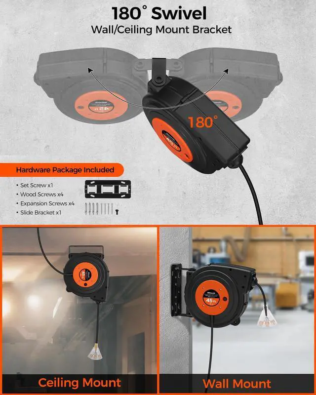 Alt view image 4 of 7 - Retractable Extension Cord Reel, 45 FT Heavy Duty Power Cord, 12AWG/3C SJTOW, 3 Grounded Outlets Lighted Triple Tap, 15 Amp Circuit Breaker, UL Listed, Orange B45CR06