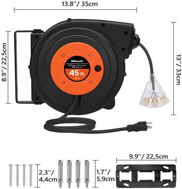 Alt view image 7 of 7 - Retractable Extension Cord Reel, 45 FT Heavy Duty Power Cord, 12AWG/3C SJTOW, 3 Grounded Outlets Lighted Triple Tap, 15 Amp Circuit Breaker, UL Listed, Orange B45CR06