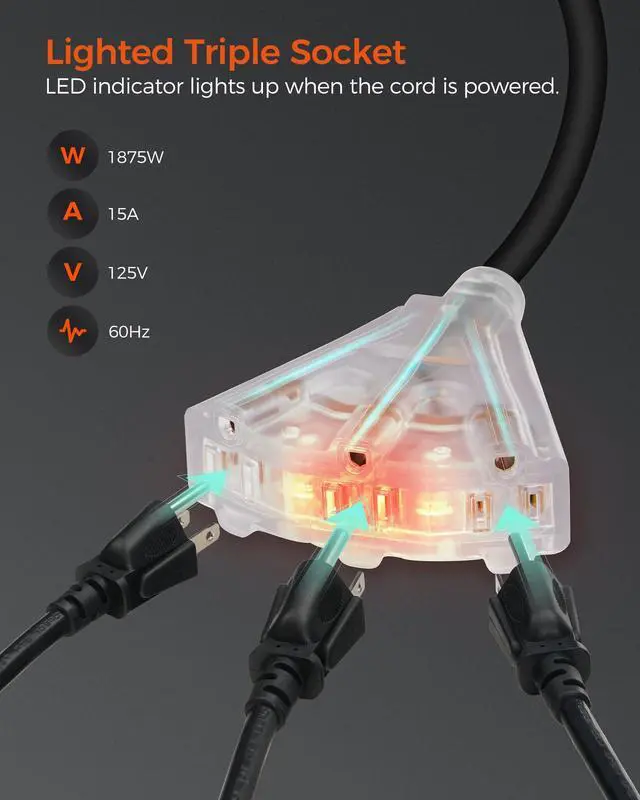Alt view image 6 of 7 - Retractable Extension Cord Reel, 45 FT Heavy Duty Power Cord, 12AWG/3C SJTOW, 3 Grounded Outlets Lighted Triple Tap, 15 Amp Circuit Breaker, UL Listed, Orange B45CR06