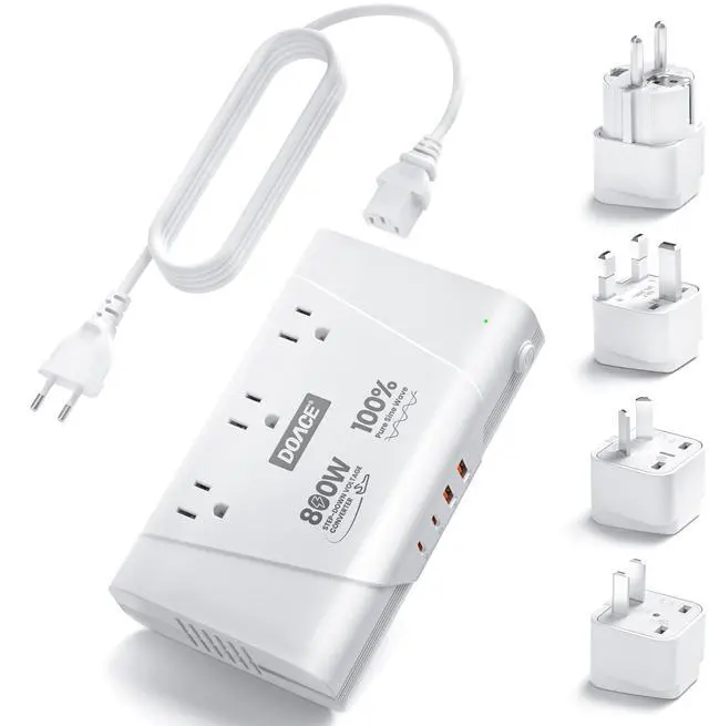 Main image of 800W 220V to 110V Pure Sine Wave Voltage Converter, White | 3 AC Outlets, 2 USB-C & 2 USB-A, European Plug Adapter, For Hair Tools & Phones