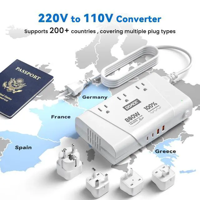 Alt view image 2 of 7 - 800W 220V to 110V Pure Sine Wave Voltage Converter, White | 3 AC Outlets, 2 USB-C & 2 USB-A, European Plug Adapter, For Hair Tools & Phones