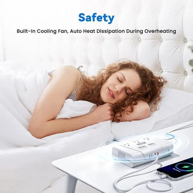Alt view image 5 of 7 - 800W 220V to 110V Pure Sine Wave Voltage Converter, White | 3 AC Outlets, 2 USB-C & 2 USB-A, European Plug Adapter, For Hair Tools & Phones
