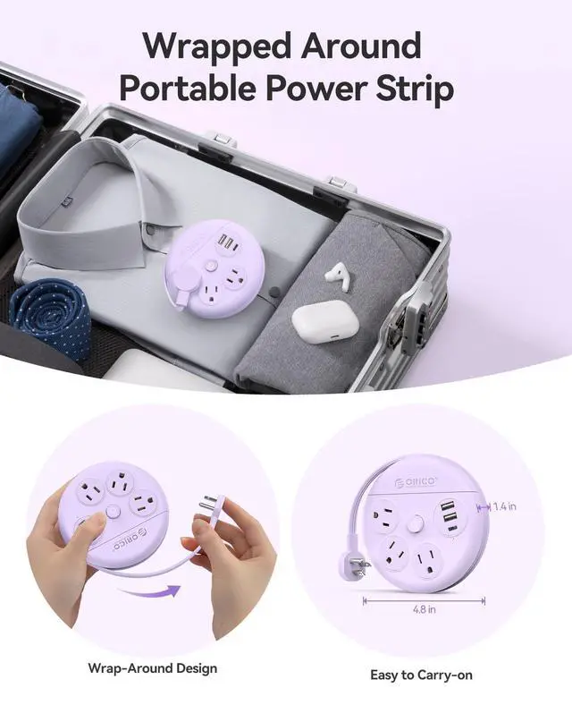 Alt view image 2 of 7 - RICO Travel Power Strip, 4Ft Wrap-Around Extension Cord | Multiple Outlets (3 Outlets, 2 USB-A Ports and 1 USB C Port, Flat Plug Charger Station for Cruise/Home/Office/Dorm