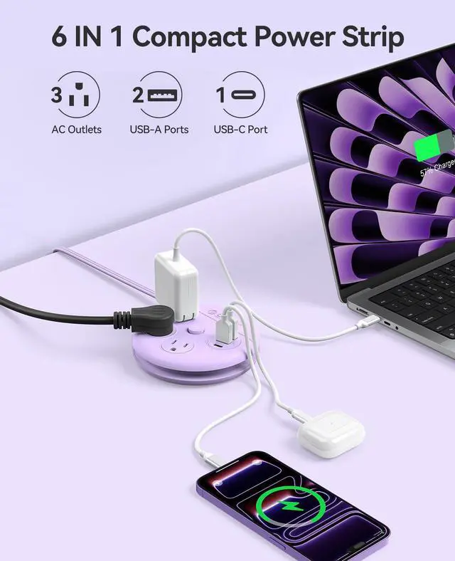 Alt view image 3 of 7 - RICO Travel Power Strip, 4Ft Wrap-Around Extension Cord | Multiple Outlets (3 Outlets, 2 USB-A Ports and 1 USB C Port, Flat Plug Charger Station for Cruise/Home/Office/Dorm