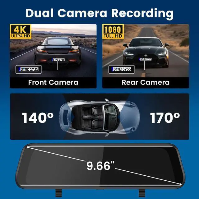 Alt view image 2 of 6 - 4K Mirror Dash Cam Front and Rear, 10'' Touch Screen Rear Digital View 1080P Rear Mirror Camera for Cars, 170° Night Vision, WDR, 24H Parking Monitoring/Rerverse Assist/Voice Control/G Sensor