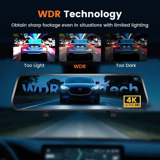 Alt view image 3 of 6 - 4K Mirror Dash Cam Front and Rear, 10'' Touch Screen Rear Digital View 1080P Rear Mirror Camera for Cars, 170° Night Vision, WDR, 24H Parking Monitoring/Rerverse Assist/Voice Control/G Sensor