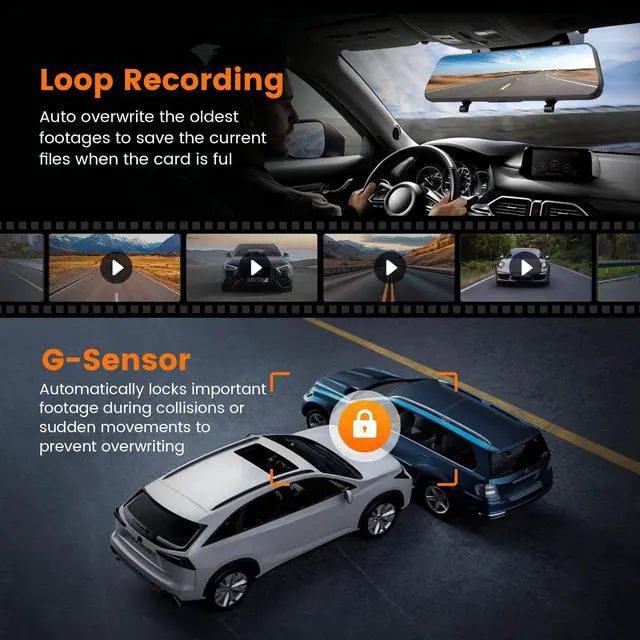 Alt view image 4 of 6 - 4K Mirror Dash Cam Front and Rear, 10'' Touch Screen Rear Digital View 1080P Rear Mirror Camera for Cars, 170° Night Vision, WDR, 24H Parking Monitoring/Rerverse Assist/Voice Control/G Sensor