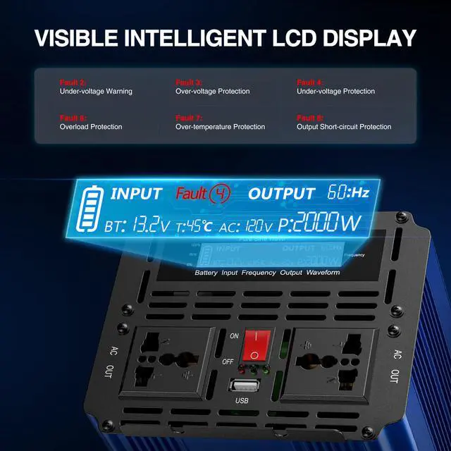 Alt view image 4 of 7 - 2000W Sump Pump Battery Backup System, UPS Inverter With LCD Screen | 10ms Auto Transfer Switch, Pure Sine Wave Output, 23A 3-Stage Fast Charging, Six-Way Safety Protection, Ultra-Quiet Fans