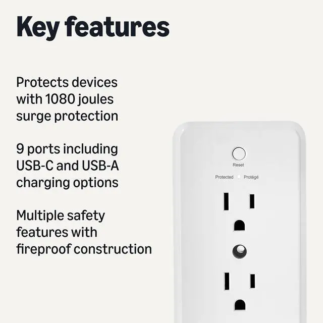 Alt view image 2 of 5 - Wall Mount Surge Protector Power Strip with 9-in-1 Hub, 1080 Joules, 6 AC Outlets, 1 USB-A and 2 USB-C (20W Fast Charging), White