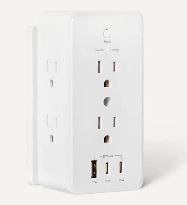Alt view image 3 of 5 - Wall Mount Surge Protector Power Strip with 9-in-1 Hub, 1080 Joules, 6 AC Outlets, 1 USB-A and 2 USB-C (20W Fast Charging), White