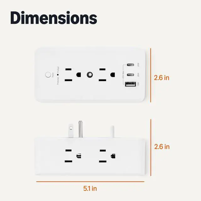 Alt view image 5 of 5 - Wall Mount Surge Protector Power Strip with 9-in-1 Hub, 1080 Joules, 6 AC Outlets, 1 USB-A and 2 USB-C (20W Fast Charging), White
