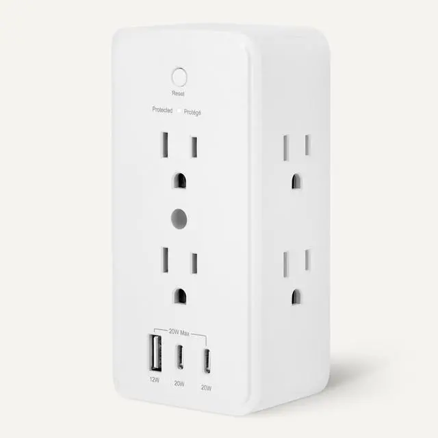 Alt view image 4 of 5 - Wall Mount Surge Protector Power Strip with 9-in-1 Hub, 1080 Joules, 6 AC Outlets, 1 USB-A and 2 USB-C (20W Fast Charging), White
