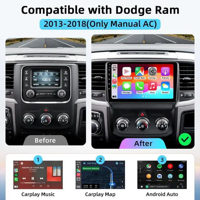 Alt view image 3 of 7 - Car Stereo for Dodge RAM 1500 2500 3500 2013-2018 with Backup Camera | 2+64G Android 15 Touch Screen Radio with Wireless CarPlay Android Auto (Only fit Manual AC)
